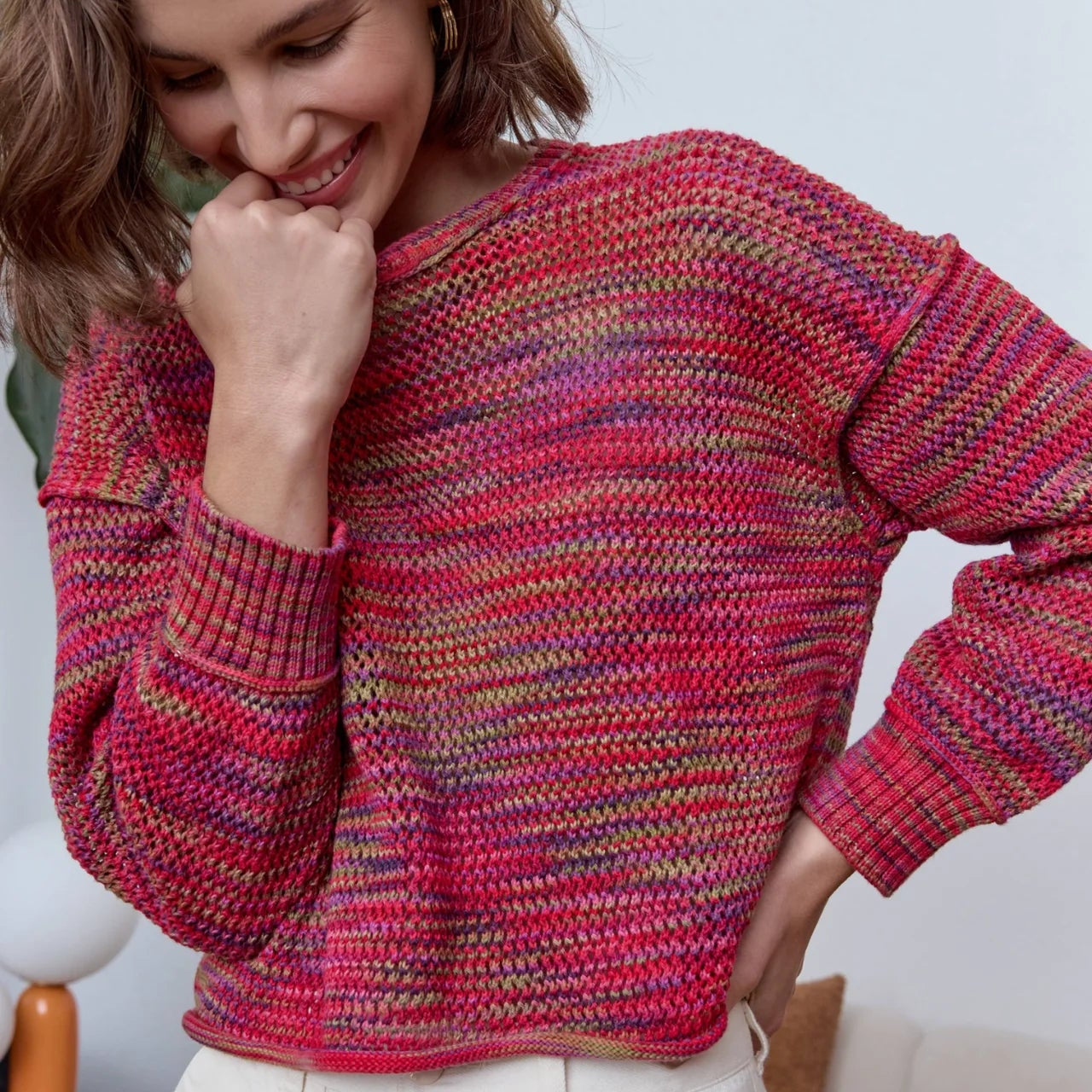 NSF Livia Painted Cotton Crochet Crew Sweater -Red