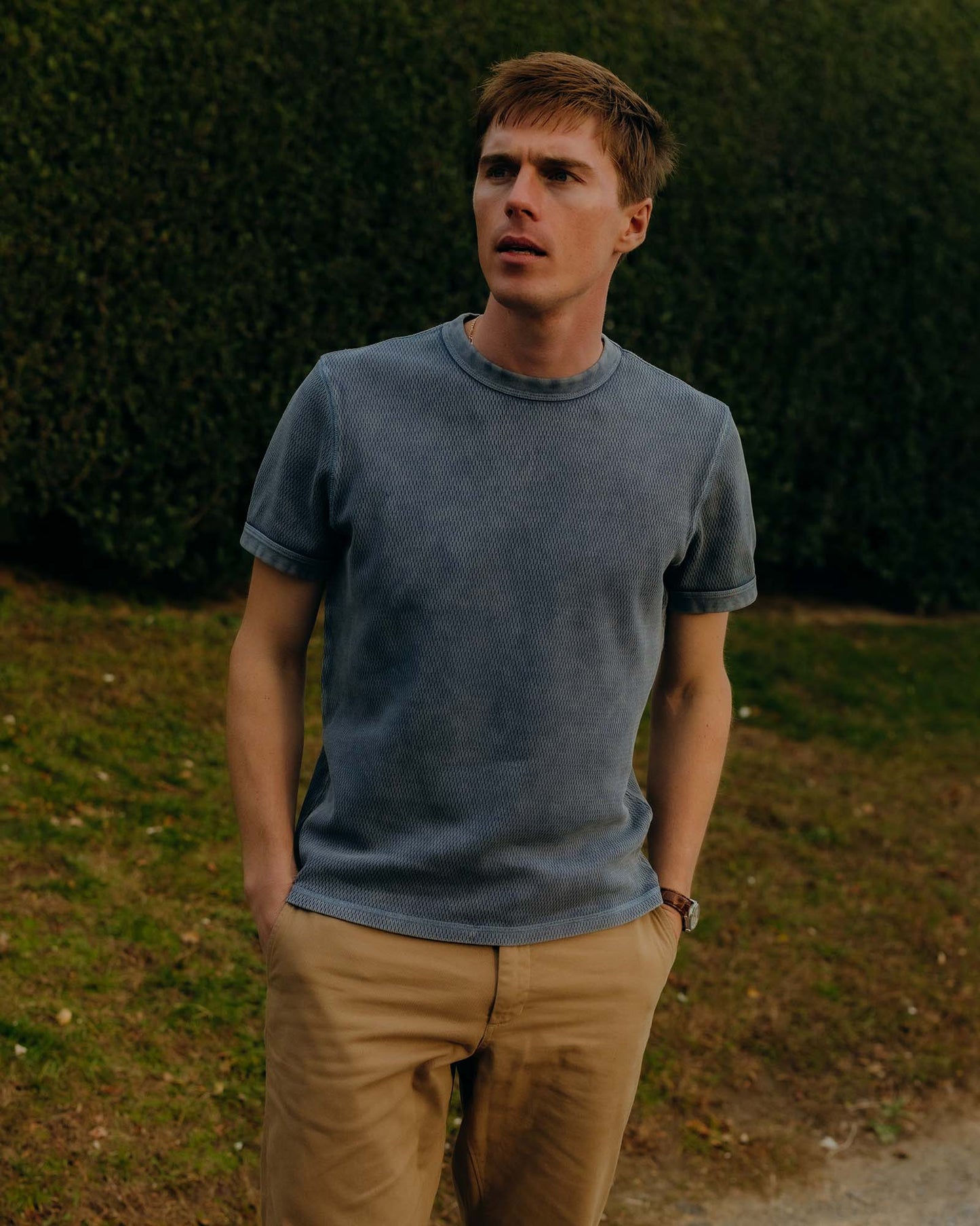 Taylor Stitch  The Organic S/S Crew- Washed Blue Waffle